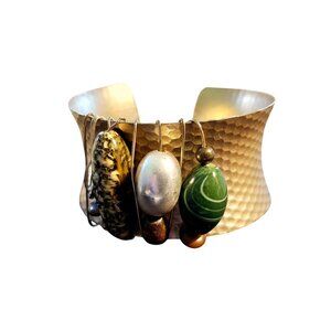 Hammered Gold-Tone Cuff Bracelet With Gemstone Bead Accents